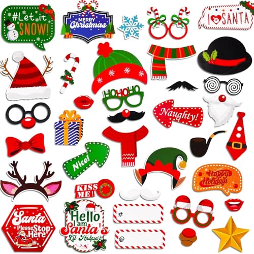 Garma 37pcs Christmas Photo Booth Props, Christmas Party Favors & Supplies Holiday Decorations for Kids Adults Xmas Birthday Party Gifts Accessories