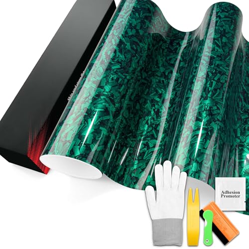 PET Marble Forged Carbon Fiber Textured Gloss Emerald Green Vinyl Wrap Auto Car Sticker Decal Film Sheet Bubble Free Air Release Technology with Tool Set 1.6FTx5FT - size: 1.6FT x 5FT