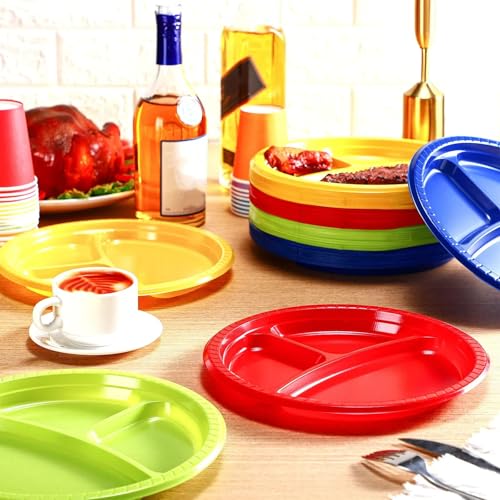 Umigy 100 Pcs 10 Inch 3 Compartments Divided Plastic Plates Bulk Colorful Disposable Heavy Duty Round Dinnerware for Valentine Wedding Birthday Party(Multicolor) - color: Multicolor