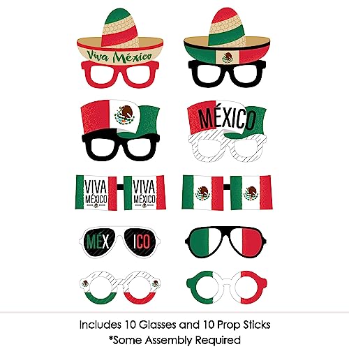 Big Dot of Happiness Viva Mexico Glasses - Paper Card Stock Mexican Independence Day Party Photo Booth Props Kit - 10 Count