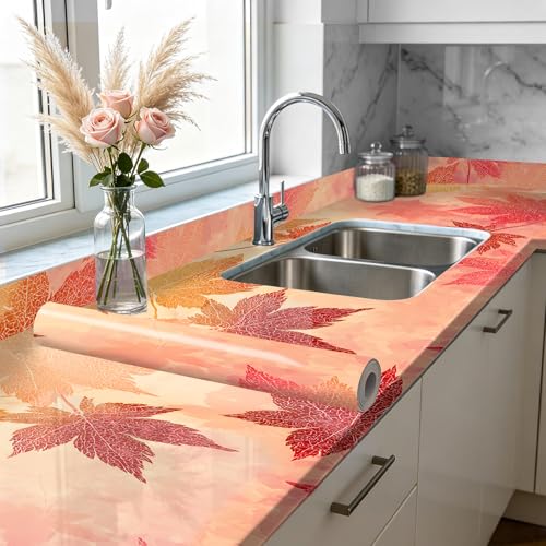Nuxovilar Autumn Maple Leaf Beige Background Textured Peel and Stick Wallpaper, 15.75"x39.37", Self-Adhesive Contact Paper, Red Orange Foliage Pattern for Bedroom, Living Room and Table Decor - color: YVC03591-A