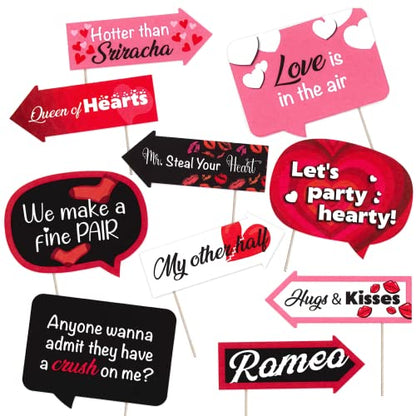Funny Valentine’s Day Photo Booth Props - Love Heart Valentines Day Themed Party Decorations - Funny Photography Supplies - Selfie Props with Sticks - 10pcs