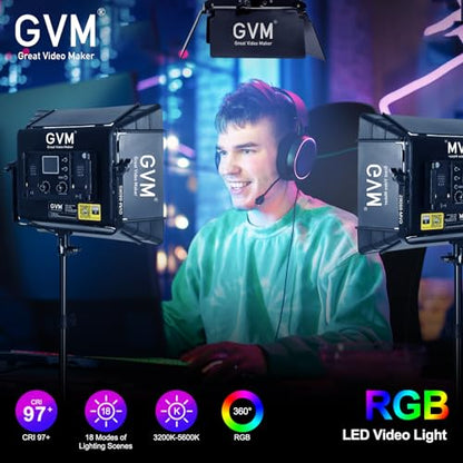 GVM RGB Photography Lighting Kits with 3 Softboxes, 880RS 60W Studio Lights with Bluetooth Control, 3 Packs Video Light with 18 Lighting Scenes, led Panel Lights for Video Recording, 8330lux/0.5M - size: 3 Packs With Softbox