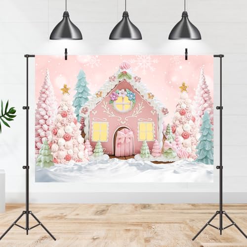 Christmas Pink White Cartoon Gingerbread House Backdrop 7x5ft Pink Winter Snowflake Merry Xmas Tree Photography Background Gingerbread Man Santa Party Decorations Banner Photo Studio Props