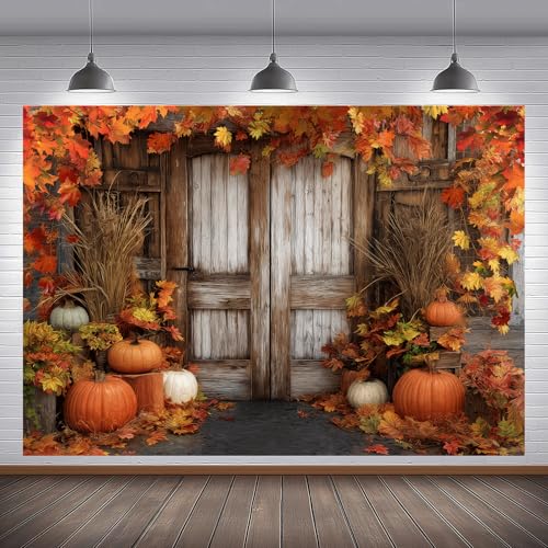Fall Pumpkin Photography Backdrop, Autumn Thanksgiving Harvest Rustic Farm Wooden Barn Door Background Maple Leaves Party Banner Decoration Photo Booth Props 7x5FT