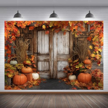 Fall Pumpkin Photography Backdrop, Autumn Thanksgiving Harvest Rustic Farm Wooden Barn Door Background Maple Leaves Party Banner Decoration Photo Booth Props 7x5FT
