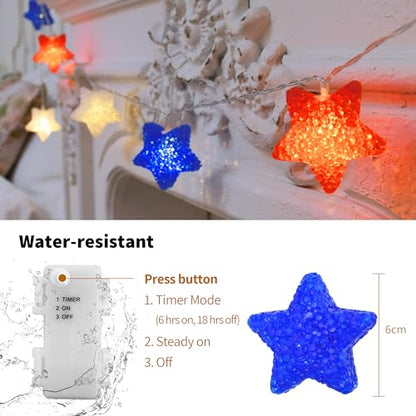 YOLIGHT 4th of July Decorations, Red White Blue Lights Star String Lights Battery Operated 6.5FT 10 LED Patriotic Fairy Light with Timer for Independence Day Memorial Day Decor, Indoor & Outdoor - style: Patriotic Stars