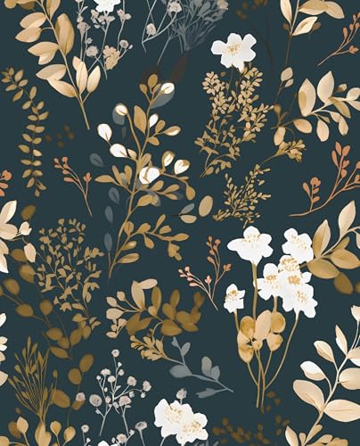 Laatse Navy Floral Wallpaper Peel and Stick Boho Wallpaper Vintage Blue/Gold Leaf Contact Paper Waterproof Self Adhesive Modern Wall Paper for Cabinet Walls Kitchen 17.5" x197" - color: Blue&White, size: 197" x 17.5"
