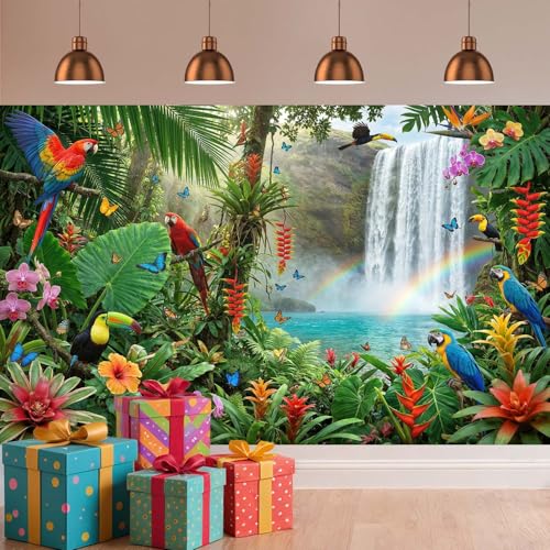 Tropical Rainforest Waterfall Backdrop, Jungle Parrot Bird Photography Background with Rainbow, Hawaiian Luau Party Decor for Kids Birthday, Baby Shower, Cake Table Photo Booth Props - color: Multi2, size: 10X8