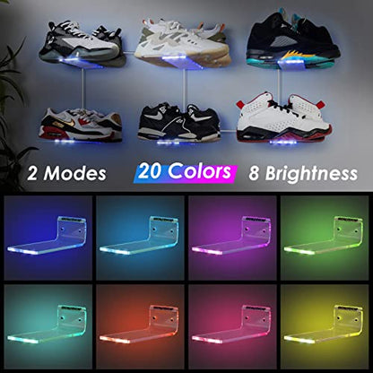 OAPRIRE Floating Shoe Display Shelf Set of 6 with Lights, Glow Color Changing Wall Shelf, Sturdy and Easy to Install Levitating Sneaker Shelves, Your Top Shoes for Bedroom, Hallways, etc Clear - size: Non-APP Control of Light