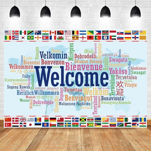 International Flag Backdrop 7Wx5H Feet Polyester Fabric World Map Welcome Banner Colorful Decoration Country Sports Events Favors Club Photography Background Photo Shoot Props - color: A-11Welcome, size: 7Wx5H