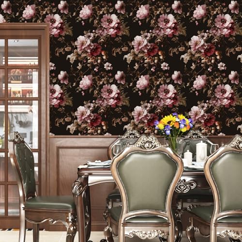 Black Floral Wallpaper Peel and Stick Pink Peony Vintage Flowers with Dark Brown Leaf Vinyl Self Adhesive Removable Contact Paper Wall Mural for Bedroom Walls Living Room Cabinets Decor 17.5" x 118" - color: Black and Dark Pink, size: 17.5" x 118"