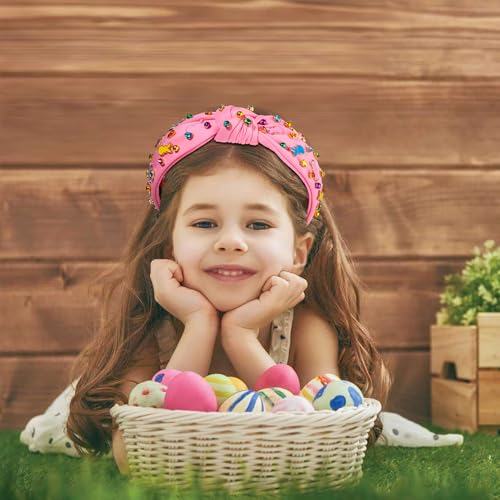 NVENF Easter Headband for Women Beaded Easter Rabbit Bunny Headband White Pink Crystal Pearl Knotted Headbands Happy Easter Hair Accessories Spring Holiday Headwear Outfits Gifts (Bunny C - Pink) - color: Bunny C - Pink