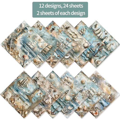 6x6" 160gsm cardstock Single Sided Scrapbooking 24 Paper Pad vintage decoupage scrapbook kit patterned paper junk journal supplies journaling supply scrap crafting.Nautical - color: 24sheets-Nautical Paper