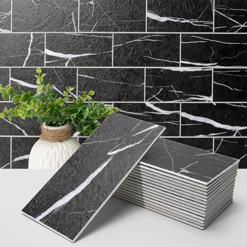 Art3d 102-Piece Faux Stone Peel and Stick Backsplash Tile, Waterproof Thick PVC Stick On Subway Wall Tile for Kitchen Bathroom Laundry Room Fireplace - 3" x 6" Black Marble - color: Black Marble