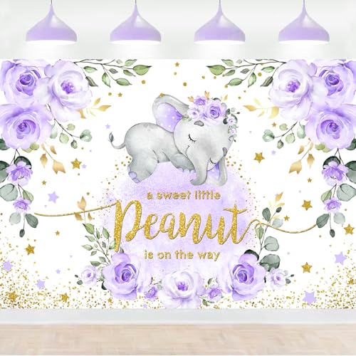 InMemory Purple Elephant Baby Shower Backdrop Watercolor Flower It's A Boy Oh Baby Shower Party Decorations Photography Background Floral Little Peanut is On The Way Wall Banner 7x5ft - color: Purple, size: 7x5ft