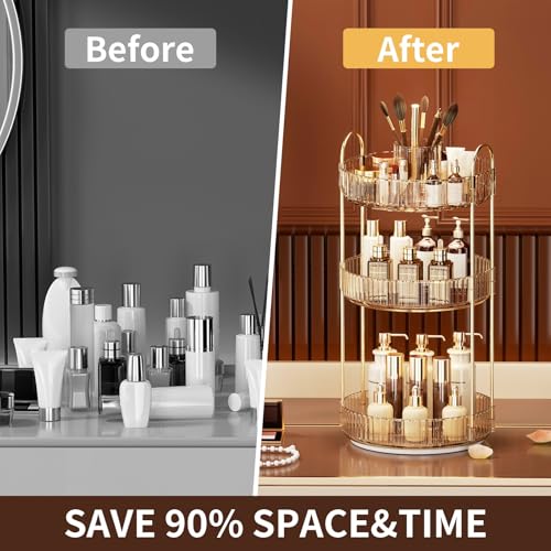 360° Rotating Makeup Organizer, Large-Capacity Skincare Make Up Storage 3 Tier Perfume Organizers Cosmetic Dresser Organizer with Makeup Brush Holder, Fits Bedroom, Bathroom, Vanity Shelf Countertop - color: Honorable Gold, size: 3 Tier