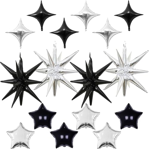 Black and Silver Star Balloons, 22in Large Star Balloons Foil 10in 4-Pointed & Pentagram Balloon for New Year Graduation Wedding Engagement Birthday Party Decorations - color: Black Silver
