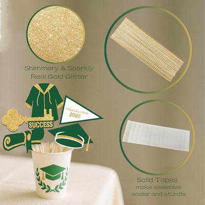 JOJO FLY 21 Pieces Graduation Photo Booth Props 2026, Green and Gold Graduation Decorations 2026, Class of 2026, Grad Party Supplies