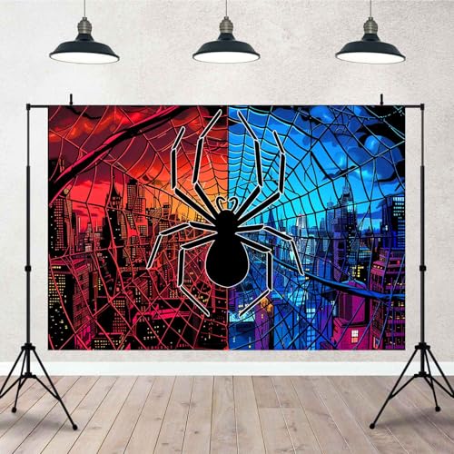 7x5FT Spidey Background Spider Blue Red City Photography Backdrop for Children's Boys Birthday Photography Background Baby Shower Decoration Banner TAYBDJ752 - size: 7x5FT