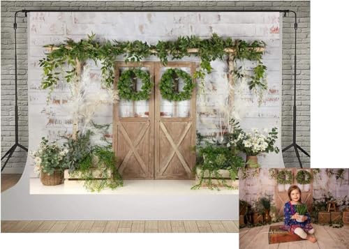 Kate Rustic White Painted Brick Wall Wood Door Photography Backdrops 10x6.5ft Spring Green Grass and Flowers Photo Backgrounds Baby Shower Backdrop Photoshoot Props - size: 10x6.5ft