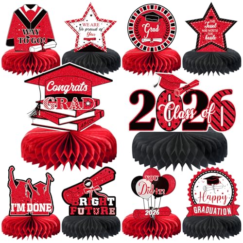 10PCS Graduation Party Decorations Class of 2026 Congrats Grad Table Centerpieces Congratulate Graduation Honeycomb Table Toppers for Graduation Party Supplies(Red Black) - color: Black Red