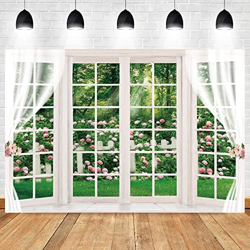 Renaiss 8x6ft Window Scenery Backdrop Polyester Green Forest Garden Floral Blossom Sunshine White Windowsill Natural Scene Photography Background Newborn Baby Wedding Decor Photo Booth Props - color: WSNWH17934, size: 8x6ft