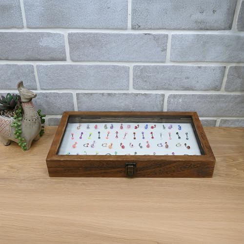 MOOCA Temper Glass Top Jewelry Display Case with Tempered Glass Lid and 54 Clip Body Jewelry Display Pad for Belly Button Rings, Tongue Rings, and Industrial Barbell Organizer, Brown Tray-White Pad - color: White Pad with Brown Wood Case
