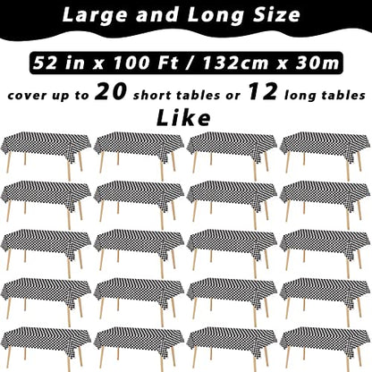 Black and White Checkered Tablecloth Roll 52 in x 100 Ft with Slide Cutter Black Checkered Table Cloth Roll Picnic Party Table Cover for Events Family Banquet Parties and Celebrations(Plastic) - color: Black and White Checkered