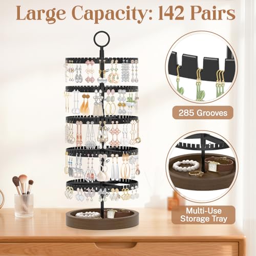 iDavosic.ly 5 Tier Rotating Earring Holder Organizer with Wooden Tray, Large Dangle Display Stands Tree with 285 Plastic Grooves, Adjustable Hoop Storage Rack, Space Saving Tower, Black & Brown - color: Black and Brown, size: 5 Tiers