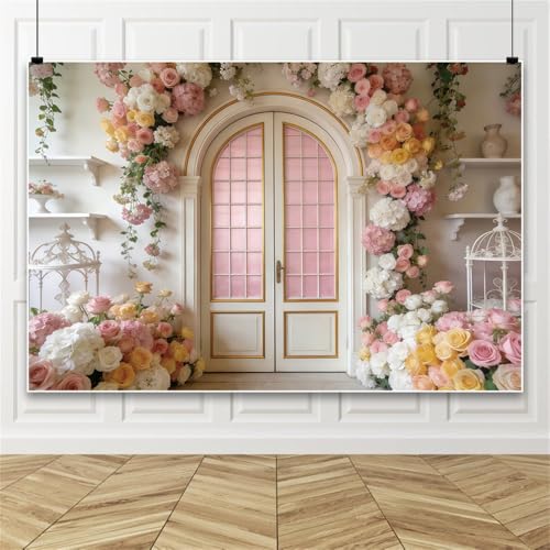 5x3ft Floral Arch Door Backdrop Pink Yellow Roses Hydrangea Flowers French Door White Wall Photo Background for Wedding Baby Shower Birthday Party Decor Photo Booth Props Polyester - color: White, size: 5x3ft
