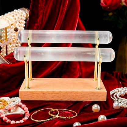 Selenite Charging Plate, Selenite Bracelet Holder Stand, Crystal Bracelet Holder, Unique Gifts For Crystal Lovers,Jewelry Wrap Watch Organizer Holder With Wooden Base For Bangles Charging Cleansing