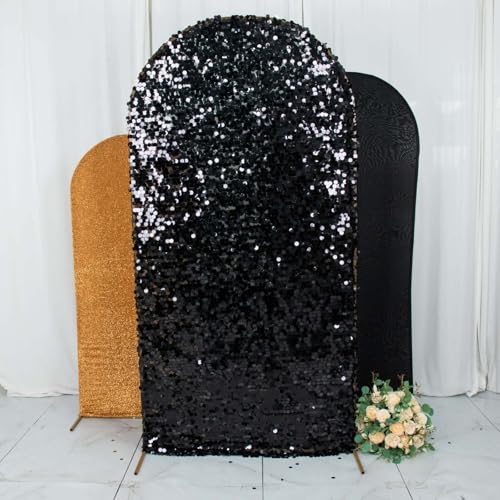 Efavormart Set of 3 Black Gold Chiara Arch Backdrop Covers (7ft/6ft/5ft), Round Top Snug Fit, Double-Sided Big Sequin, Tinsel & Spandex Mixed Texture for Anniversary, Gala, Events - color: Black/Gold