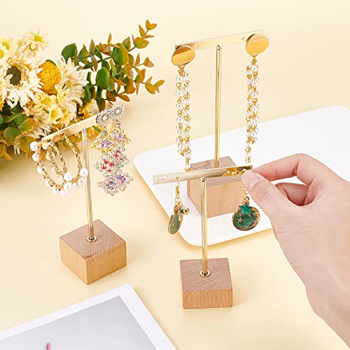 FINGERINSPIRE 3 Pcs Gold Metal T Bar Earring Display Stand with Wooden Square Base 4 Holes Jewelry Holders Hanging Earring Organizer for Store Retail Photography Props（4.7 & 5.5 &6.3 inch Height） - color: Gold- Wood Square Base, 4 Holes