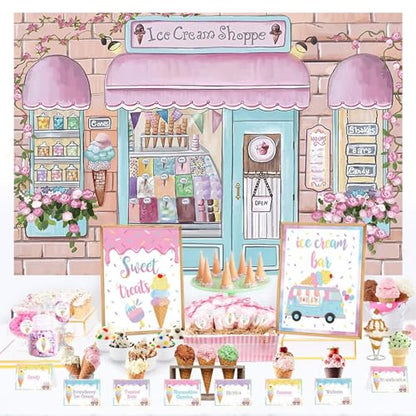 Yeele 5x3ft Pink Ice Cream Shop Vinyl Photography Background Summer Theme Flower Bricks Candy House for Kids Baby Boy Girl Shower Party Photo Backdrop Curtain Cake Table Banner Studio Props - size: 5x3ft