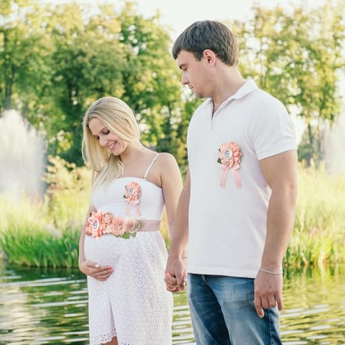 Baby Shower Sash Decorations Mom to Be Corsage Gift Dad to Be Pin 3Pack Set Flower Belt for Maternity Dress - Gender Reveal Pregnancy Photo Props - color: Pearls & leaves & flowers