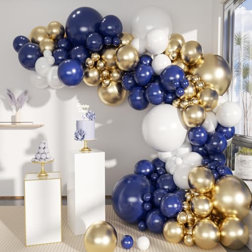 MEBAY Blue White Gold Balloons Garland Arch Kit, 141Pcs Latex Balloons Different Sizes 18 12 10 5 Inch for Birthday Baby Shower Gender Reveal Wedding Party Decoration - color: 141-blue-white-gold