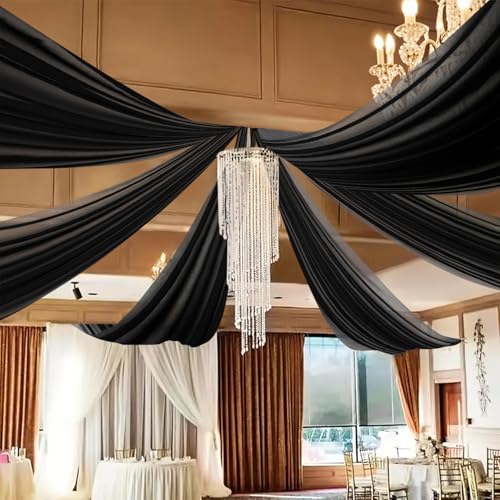 DUOBAO Black Chiffon Sheer Wedding Backdrop Curtains 5x20 FT - 4 Panels Tulle Drapes Fabric Arch Drapery, Photography Background with Rod Pocket for Stage Tent Canopy, Birthday Arch Drapery - color: Black, size: 60"W x 240"L (Pack of 4)