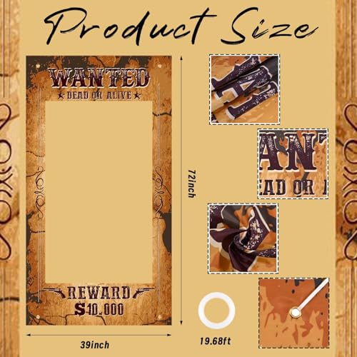 Large Western Wanted Poster Western Cowboy Party Decoration Wanted Photo Booth Frame Wild West Selfie Banner Backdrop for West Cowboy Birthday Party Retro Rustic Decoration Supplies (Brown) - color: Brown