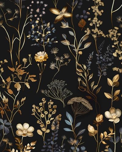 Vintage Floral Peel and Stick Wallpaper，Black and Glod 17.5" x 197" Contact Paper，Dark Boho Leaf Wall Paper Vinyl for Bedroom Bathroom Waterproof Self Adhesive Removable Renter Friendly - color: Multicolor, size: 17.5" x 197"