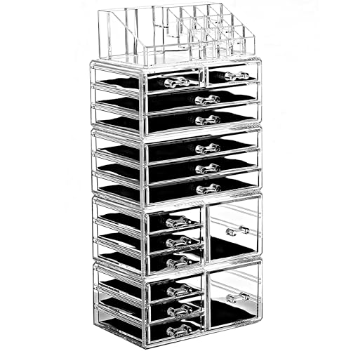 Ikee Design 5 Pcs Set Acrylic Makeup Organizer with 15 Drawers and Removable Top Lipstick Holders, Ideal for Make-up, Accessories,Enhance Your Vanity or Bathroom with Clear Design for Quick Visibility - color: 1d) 1 Top 15 Drawers