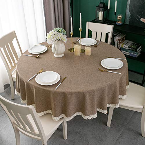 EHouseHome Faux Linen Tablecloth with Lace Trim - Waterproof/Spill Proof/Stain Resistant/Wrinkle Free/Oil Proof - for Banquet, Parties, Dinner,Kitchen,Wedding,Coffee,Holiday,Flax,Round 60Inch - color: Flax, size: 60" (Round)