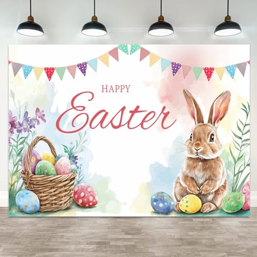 5x3ft Happy Easter Backdrop with Bunny and Colorful Eggs Spring Decorations Festive Bunting and Floral Easter Celebration Banner for Photoshoot Kids Parties and Home Decor - color: color 19, size: 5x3ft