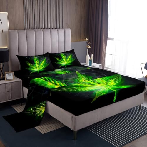 Erosebridal Leaves Sheet Set King Size Boho Leaf Bed Sheet for Kids Teens Adult Bedroom - Deep Pockets Fitted Sheet, 1 Flat Sheet, 2 Pillow Cases - 4 Piece, Black Green - color: Color 5, size: King