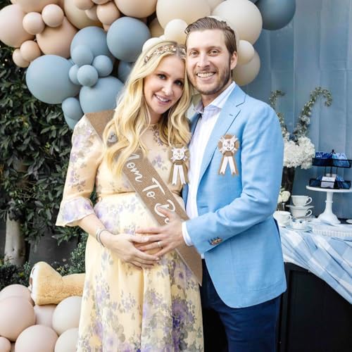 Baby Shower Sash Decorations, Mom to Be Sash Dad to Be Corsage Pin 3Pack Set, Blue Flower Mommy to Be Belt for Maternity Dress (Neutral)