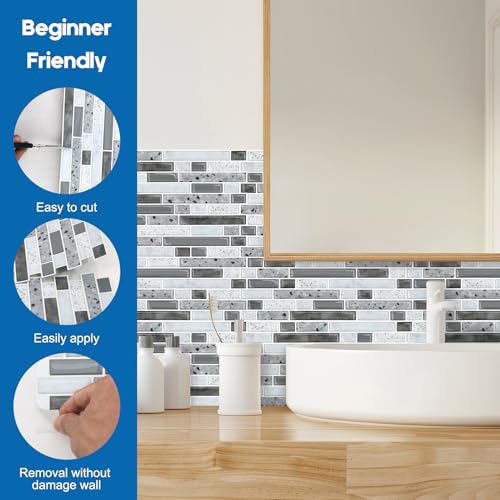 Yipscazo 10 Sheets Peel and Stick Backsplash for Kitchen Wall, 12''x12'' Waterproof Stick on Backsplash Smart Tiles for Bathroom,Removable Backsplash Wall Tiles in Gray White - color: Gray White
