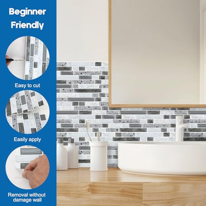 Yipscazo 10 Sheets Peel and Stick Backsplash for Kitchen Wall, 12''x12'' Waterproof Stick on Backsplash Smart Tiles for Bathroom,Removable Backsplash Wall Tiles in Gray White - color: Gray White