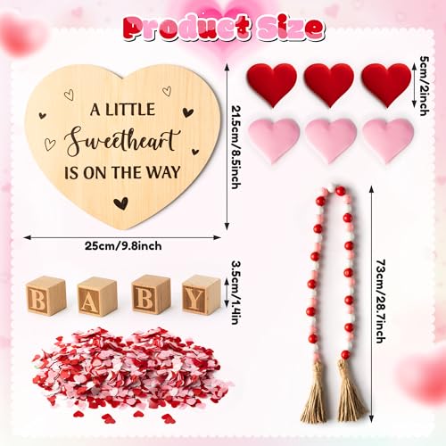 13Pcs Valentine Pregnancy Announcement Set - Coming Soon Baby Announcements Ideas Include Wooden Sign Beads Garland Wood Blocks Sponge Pregnancy Reveal Photo Props for Grandparents Dad Husband Family - color: Red and Pink