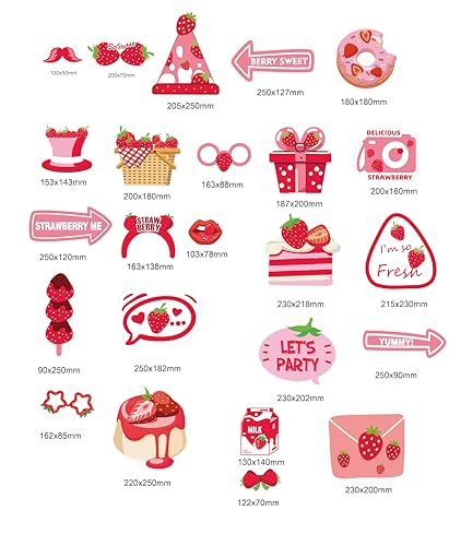 Strawberry Photo Booth Props, 24 Pieces with Sticks, Berry Sweet Theme Selfie Props, Summer Fruit Birthday Party Supplies, Photography Backdrop Decorations