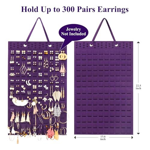 Resovo Hanging Earrings Organizer, Wall Earring Holder with 2 Hooks, Holds Up To 300 Pairs, Compact Design, Soft Material-Dark Purple - color: Dark Purple, size: 22.5*13.6 inches